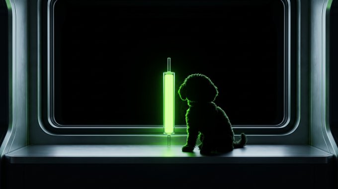 A small fluffy dog sits on a windowsill, silhouetted against the darkness as it gazes out at a glowing green vertical light, evoking the image of a green candlestick chart suggesting bullish market movement. The scene's solitary, hopeful atmosphere aligns with the post's optimistic message of "green candles coming soon."