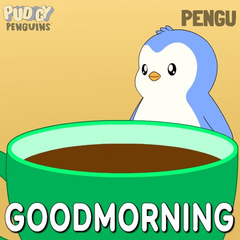 iced coffee with a green lid and "Good Morning" text, accompanied by a cartoon penguin.