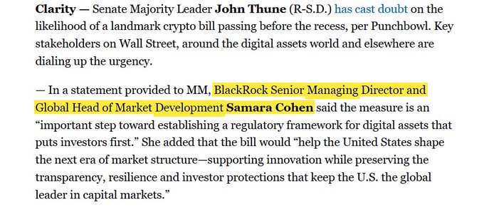 A text excerpt from a news article highlighting Senate Majority Leader John Thune's concerns about a crypto bill passing before recess, and BlackRock Senior Managing Director Samara Cohen's statement supporting the Clarity Act as an important regulatory framework for digital assets that puts investors first and preserves transparency and resilience.
