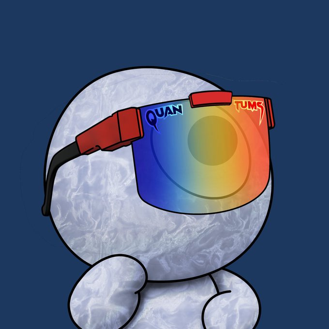 A stylized round character with a marble-textured body wears colorful rainbow-tinted sunglasses featuring "QUAN" and "TUMS" text on the temples, representing a Quantum NFT (minted to wallet 0x4899…a21d) with a gray marble finish and dot pupil design, tied to a Quantum-backed SPY investment product.