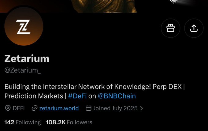 A social media profile for "Zetarium" (@Zetarium_) describing itself as "Building the Interstellar Network of Knowledge! Perp DEX | Prediction Markets | #DeFi on @BNBChain" with 108.2K Followers.