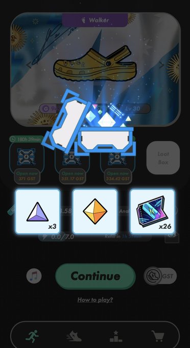 A mobile game screen showing a "Walker" character with a loot box opening animation revealing purple triangle gems (x3), an orange diamond (x1), and blue shards (x26), with a Continue button at the bottom.