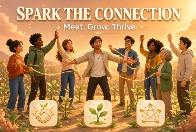 A promotional graphic titled "SPARK THE CONNECTION - Meet. Grow. Thrive." features illustrated people holding glowing strings in a field, with icons showing a handshake, a growing plant, and a connected network.