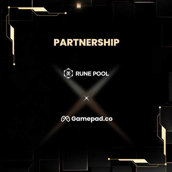 The image features a black background with white text that reads "Partnership" at the top. Below this, there are two logos - one for "Rune Pool" and another for "Gamepad.co". The text also mentions that "Excited to partner with @GamePad_co As DeFi moves toward autonomous systems, execution and liquidity matter more than ever." This suggests a connection between the partnership and the world of cryptocurrency or blockchain technology.