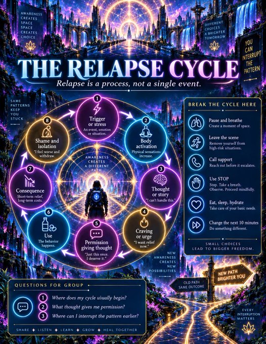 An infographic titled 'THE RELAPSE CYCLE' depicting an 8-step cycle of addiction/recovery, including 'Trigger or stress', 'Body activation', 'Thought or story', 'Craving or urge', 'Permission giving thought', 'Use', 'Consequence', and 'Shame and isolation', with tips to break the cycle such as 'Pause and breathe' and 'Call support'.