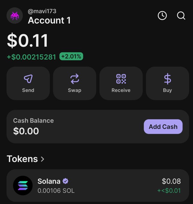 A crypto wallet mobile app screen showing account "@mavi173" with a balance of $0.11 (+2.01%), featuring Send/Swap/Receive/Buy buttons, $0.00 cash balance, and 0.00106 Solana ($0.08).