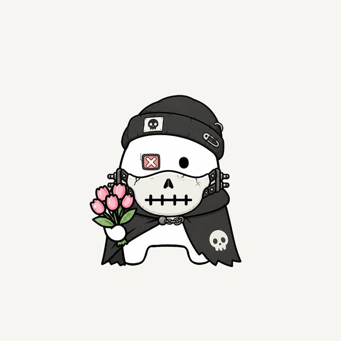 A cartoon skull character wearing a black beanie with a skull patch, a black cape with a skull clasp, and a stitched mouth holds a small bouquet of pink tulips.