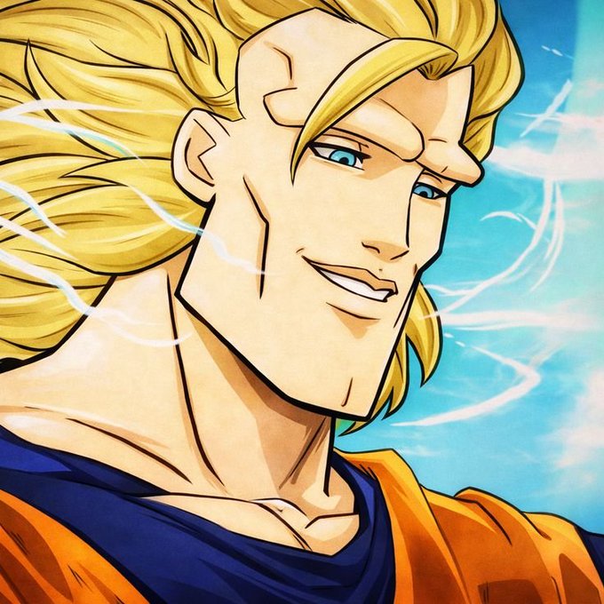 An anime-style illustration of a smiling, muscular character with long flowing blonde hair and blue eyes, wearing an orange and blue outfit, set against a bright blue sky with white energy streaks.