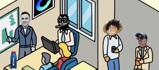 A cartoon illustration of an office scene featuring a suited man with a cutout face, an anime-style character, and another suited figure with a face cutout, with a 'babe' drink on the desk.