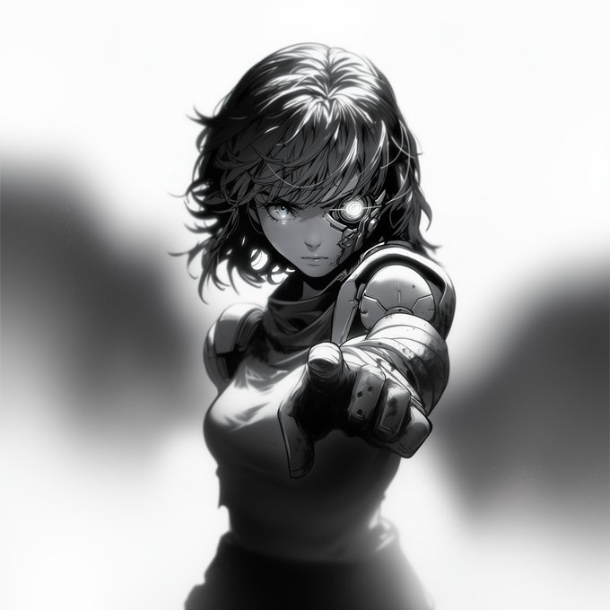 Monochrome anime-style illustration of a female warrior with messy hair, cybernetic eye, and armored gauntlet pointing toward the viewer.