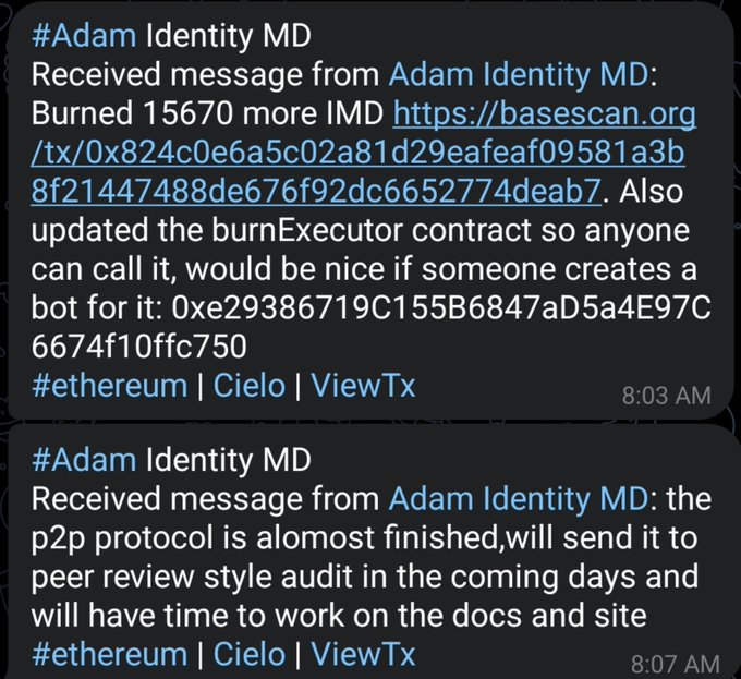 A Discord screenshot showing two messages from "Adam Identity MD" at 8:03 and 8:07 AM, the first announcing the burning of 15,670 more IMD tokens (transaction linked via Basescan) and an updated burnExecutor contract at 0xe29386719C155B6847aD5a4E97C6674f10ffc750, and the second stating the p2p protocol is nearly finished and heading for peer review. The posts relate to the accompanying context about Adam burning 15,670 additional IMD tokens and clarifying Identity MD project updates amid NFT/token sell-offs.