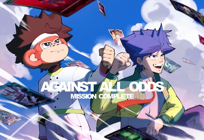 Two animated characters pose triumphantly with flying cards behind them, with overlaid text reading 'AGAINST ALL ODDS' and 'MISSION COMPLETE.'