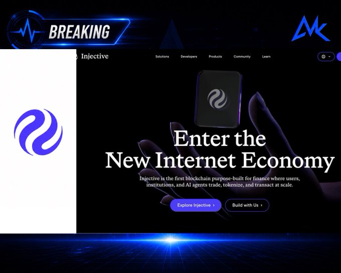 A screenshot of the Injective blockchain website with the text 'Enter the New Internet Economy' and a 'BREAKING' news banner overlaying the top left corner featuring the Injective logo.