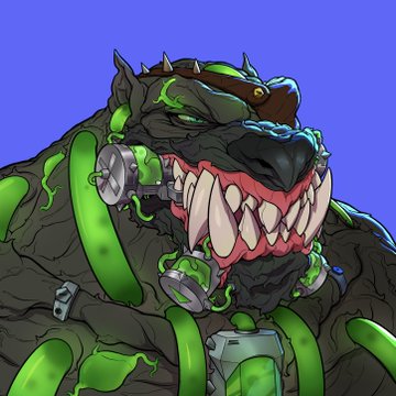 An illustrated digital artwork depicts a fierce monstrous creature with sharp teeth, glowing green toxic slime, and mechanical/tube-like features against a purple background.