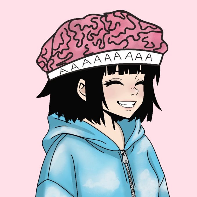 A cartoon girl with black hair smiles brightly while wearing a blue hoodie and a pink brain-shaped hat with "AAAAAAAA" written on the headband. The image humorously relates to the post by representing the "brain with screaming thoughts" feel, playfully contrasting with the poster's denial of being a girl.