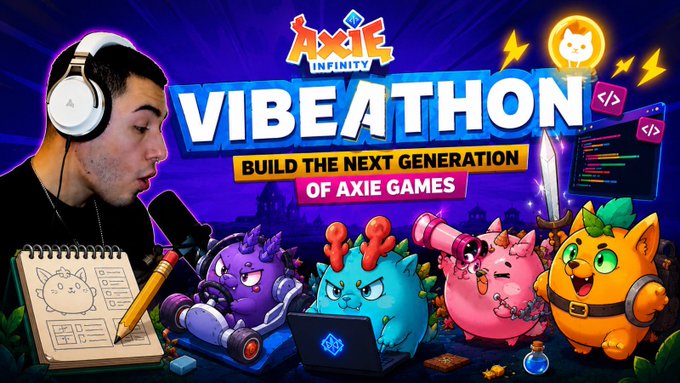 A promotional banner for 'Axie Infinity VIBEATHON' with the tagline 'BUILD THE NEXT GENERATION OF AXIE GAMES'. It features a person with white headphones on the left and colorful Axie characters on the right.