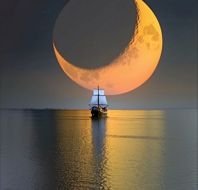 A large orange crescent moon hangs over a calm sea, with a small sailboat silhouetted beneath it, its light reflecting on the water's surface.