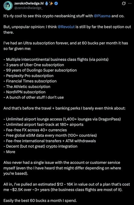 A social media post from 'zeroknOwledge.hl' praising Revolut Ultra subscription, listing benefits like business class flights, lounge access, and various streaming subscriptions, calling it the best 60 bucks a month he spends.