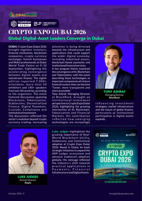 A purple-toned promotional graphic for "Crypto Expo Dubai 2026" featuring the Global Coin Times Dubai and Crypto Expo Dubai logos, alongside photos of BlackRock's Tony Ashraf and Ripple's Luke Judges, with text highlighting their perspectives on tokenization, AI, blockchain, and XRP Ledger/stablecoin adoption—directly visualizing the post's claim of bringing BlackRock and Ripple together at the event.
