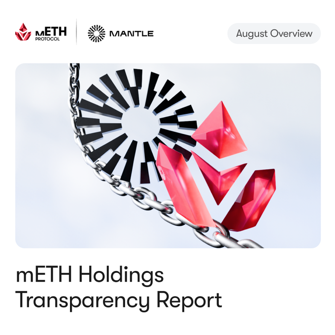 A graphic for the "mETH Holdings Transparency Report" featuring the mETH Protocol and Mantle logos, with red crystal pendants on a chain and the text "August Overview" in the corner.