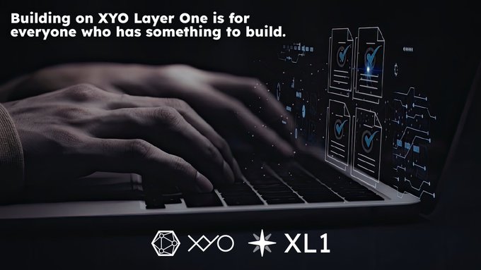xto Layer One is for everyone who has something to build, with a person's hands typing on the keyboard and a computer screen displaying blue checkmarks.