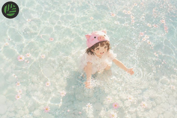 An anime-style illustration depicts a young girl wearing a pig-themed hat wading through clear, flower-dotted water.