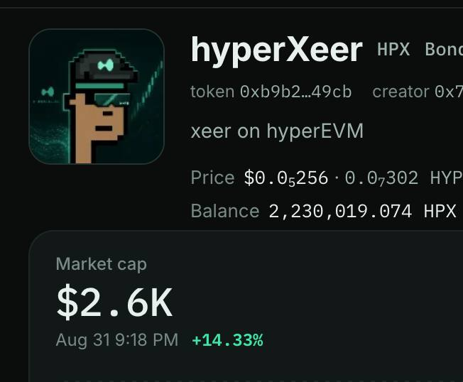 A cryptocurrency listing for 'hyperXeer' (HPX) token on hyperEVM showing a price of $0.05256-$0.07302 HYPX, a balance of 2,230,019.074 HPX, and a market cap of $2.6K (+14.33% as of Aug 31).