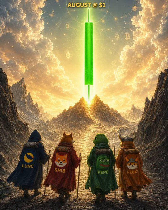 Four hooded figures wearing cloaks labeled "LUNC," "SHIB," "PEPE," and "FLOKI" stand on a mountain path gazing up at a glowing green candle reaching toward the sky, with the text "AUGUST @ $1" displayed above—symbolizing the meme coins' hopeful ascent to the $1 price target this August.