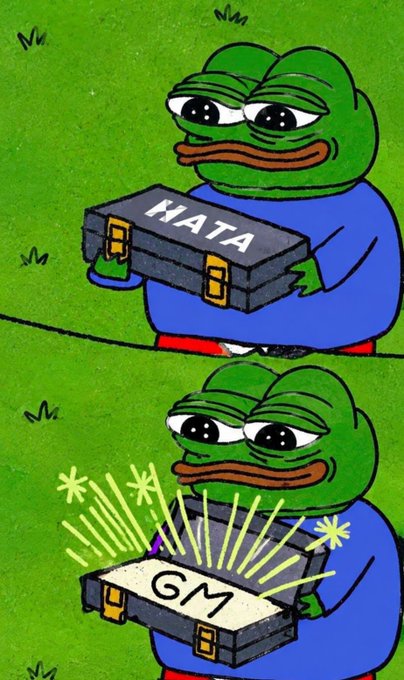 A two-panel comic features a sad-looking Pepe the Frog holding a black briefcase labeled 'HATA' in the top panel, and a bright, glowing briefcase labeled 'GM' in the bottom panel.