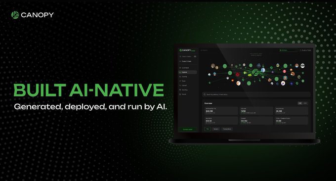 A promotional graphic for 'CANOPY' with the text 'BUILT AI-NATIVE' and 'Generated, deployed, and run by AI.', showing a laptop displaying a dashboard.