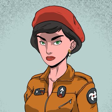 An illustrated portrait of a female character with green eyes, a red beret, and an orange jumpsuit featuring Star Trek and comic-themed patches.