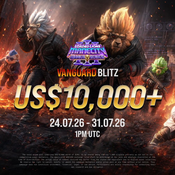The image is a promotional graphic for the "Loaded Lions: Mane City World Series III Vanguard Blitz" event, featuring anthropomorphic lion warriors in tactical gear against a fiery battlefield backdrop, prominently displaying "US$10,000+" prize pool, dates "24.07.26 - 31.07.26," and "1PM UTC" start time in bold text. It visually reinforces the accompanying post's announcement of the crypto gaming tournament's schedule, prize, and call to prepare for action at app.mane.city.