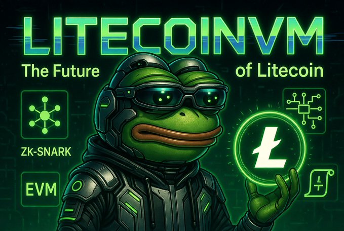 A promotional graphic for 'LITECOINVM - The Future of Litecoin' featuring a green frog character in futuristic gear holding a Litecoin logo, with ZK-SNARK and EVM labels.