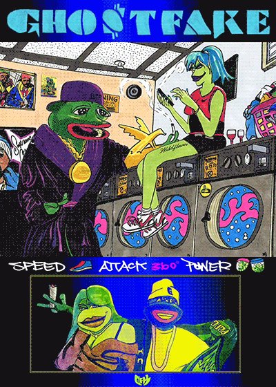 The image features a poster for a comic book artist named @FAKERARES_XCP, who was performing at the NBA Finals last night in NYC. The poster includes a drawing of a man with a green hat holding a microphone, surrounded by various characters and objects such as a washing machine, a woman, and a frog. The text on the poster reads "Ghost of Fake" and "speed attacks 220", indicating that the artist is known for their fast-paced style and ability to create dynamic scenes in their comic books.