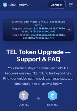 Screenshot from the Telcoin Network announcing 'TEL Token Upgrade - Support & FAQ,' explaining that old TEL becomes new TEL 1:1 with no fees beyond gas, accompanied by 'OLD TEL' to 'NEW TEL' icons.