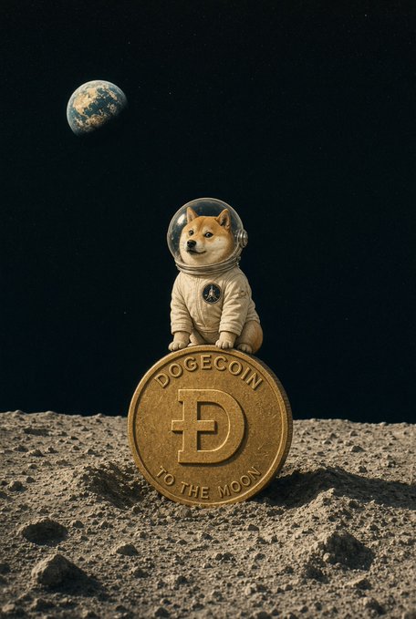 The image features the iconic Dogecoin Shiba Inu mascot dressed in an astronaut suit, sitting atop a large gold "DOGECOIN - TO THE MOON" coin on a lunar surface with Earth visible in the dark sky above, perfectly capturing the $DOGE community's famous rallying cry of sending the cryptocurrency to the moon.