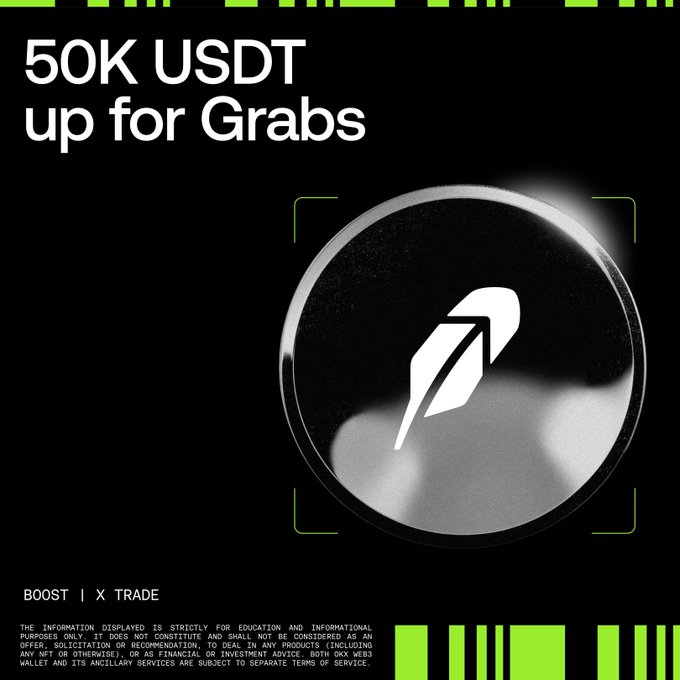 A promotional graphic with bold text "50K USDT up for Grabs" alongside a metallic circular OKX logo on a black background, with "BOOST | X TRADE" branding at the bottom. The image advertises OKX Web3's trading competition on Robinhood Chain, where the top 800 traders by volume will split the 50,000 USDT prize pool before the September 14 deadline.
