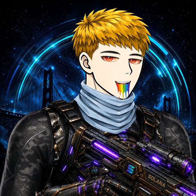 The image features a man with a gun, wearing a helmet that has a rainbow design on it. The man appears to be a character from a video game or anime, possibly a pilot or warrior. He is holding a gun and has a colorful scarf wrapped around his neck. The background of the image shows a blue sky filled with stars, giving the impression that they are in space. The post also mentions "GM Pilots Big things are loading New logo. New era. Same mission @solskypilots is preparing for launch Bots. Rewards. MystiKeys. Holder utilities. This is more than NFTs It's an ecosystem being built in real time #Web3 #NFT #Solana #CryptoTwitter #GameFi". The image seems to be related to the gaming or anime world, possibly featuring a character from that universe with a unique and colorful appearance.