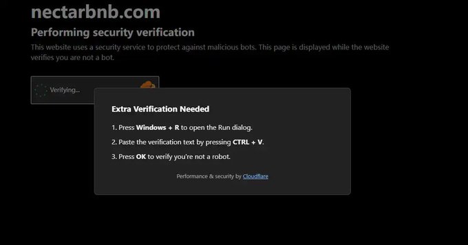 Screenshot of a Cloudflare security verification page for nectarbnb.com showing an 'Extra Verification Needed' dialog asking the user to press Windows+R and paste verification text.