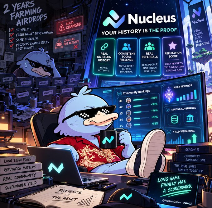 An anthropomorphic duck wearing pixelated sunglasses sits at a desk surrounded by labeled "Wallet 1" through "Wallet 10," holding an "N" branded mug in front of a "Nucleus" dashboard highlighting features like "Real On-Chain History," "Reputation Score," and "Community Rankings," alongside text reading "2 YEARS FARMING AIRDROPS" and "PATIENCE THE ASSET." The image illustrates the frustration of multi-wallet airdrop farming by showcasing Nucleus's alternative approach of valuing genuine, verifiable on-chain presence and community reputation over mechanical checklist repetition.