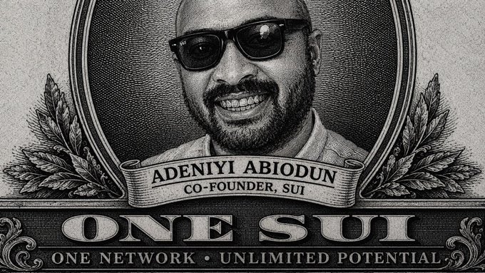 A currency-style portrait of a bearded man wearing sunglasses, labeled 'ADENIYI ABIODUN CO-FOUNDER, SUI' with 'ONE SUI - ONE NETWORK • UNLIMITED POTENTIAL' below.