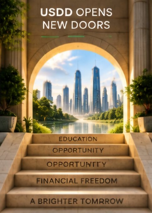 A promotional graphic with text 'USDD OPENS NEW DOORS' above stairs labeled 'EDUCATION', 'OPPORTUNITY', 'FINANCIAL FREEDOM', and 'A BRIGHTER TOMRROW' leading to a futuristic city.