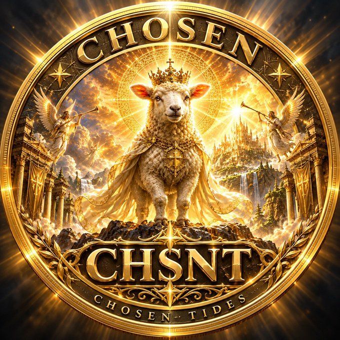 An ornate golden emblem features a crowned lamb wearing a royal cape with a cross, flanked by angels, encircled by text 'CHOSEN' and 'CHOSEN • TIDES' with 'CHSNT' below.