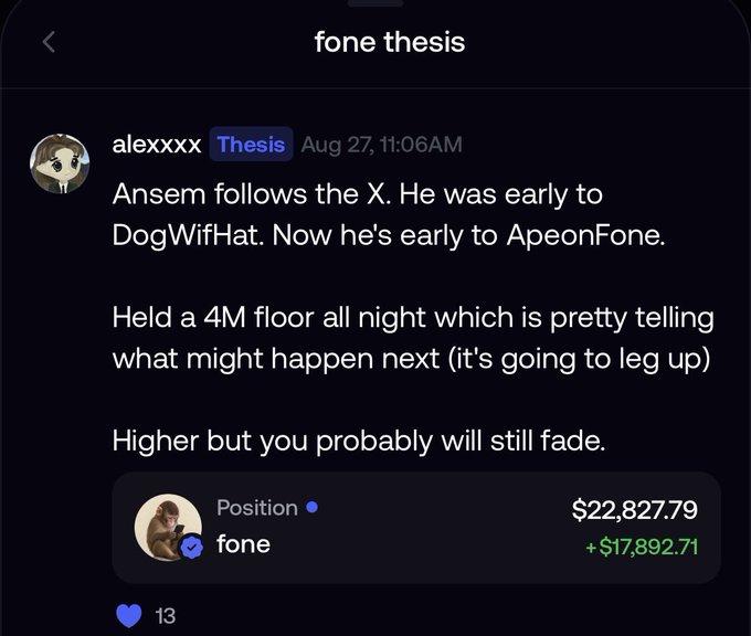 Discord-style post from user 'alexxxx' titled 'fone thesis' discussing memecoins DogWifHat and ApeonFone, mentioning Ansem holding a 4M floor, with a position showing $22,827.79 and +$17,892.71.