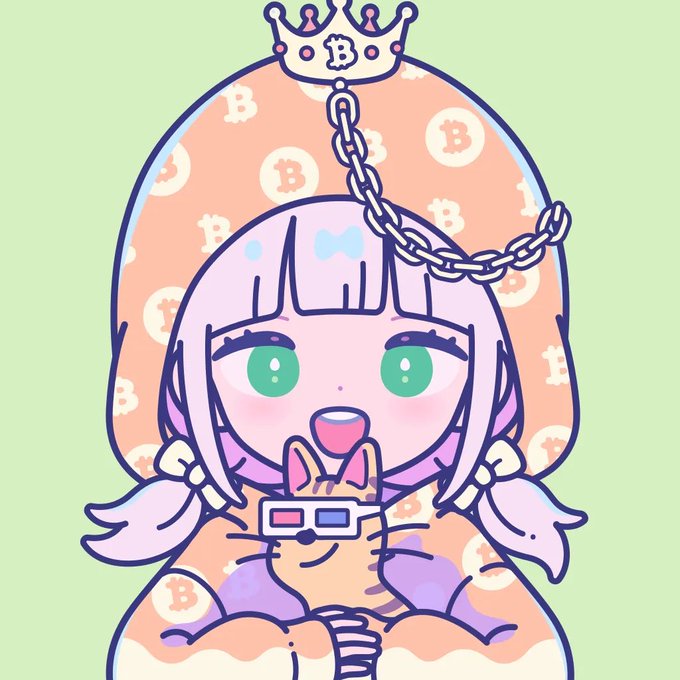 An anime-style illustration of a cute character with pink hair wearing 3D glasses and a Bitcoin crown, surrounded by Bitcoin logos in the background.