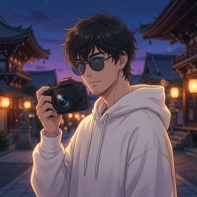 An anime-style illustration depicts a young man with dark messy hair and sunglasses holding a camera, wearing a white hoodie against a Japanese-style street at dusk.