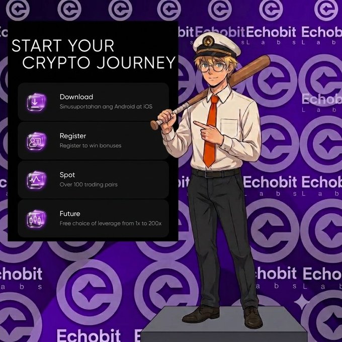 Echobit Labs promotional graphic titled 'START YOUR CRYPTO JOURNEY' featuring an anime-style captain character holding a bat.