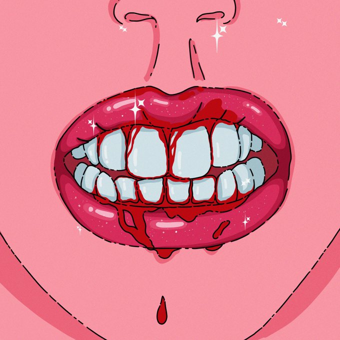 A stylized illustration of glossy pink lips with a wide, toothy grin dripping with blood, set against a pink background with sparkle accents. The dark, edgy aesthetic of the artwork contrasts with the romantic "Love Potion" theme, suggesting a twisted or sinister take on love.