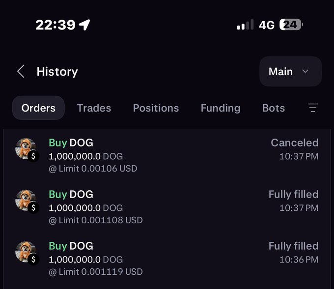 Mobile app order history screenshot showing multiple 'Buy DOG' orders for 1,000,000.0 DOG at limit prices around 0.001 USD, with statuses marked as 'Canceled' and 'Fully filled'.