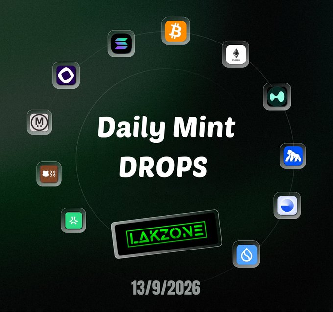 Promotional graphic for "Daily Mint DROPS" dated 13/9/2026, featuring the LAKZONΞ logo surrounded by cryptocurrency icons (Bitcoin, Ethereum, and others), advertising upcoming NFT mints on Robinhood Chain and Ethereum scheduled for 9am and 11:30am UTC.